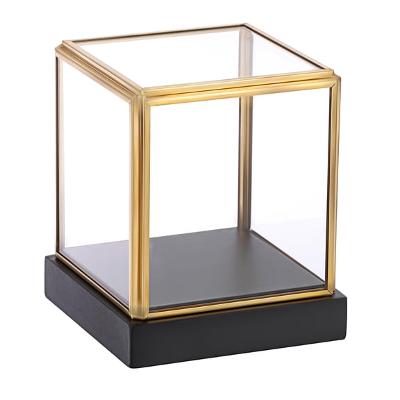 Glass Display Case for Collectibles Vintage Gold Display Box with Black Wood Base for Plants Action Figurine Models Clear Keepsake Box, Square, 3.3x3.3x3.6 Inch