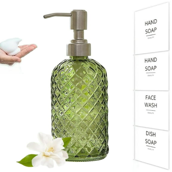 Bxaolu 15 Oz Rhombus Pattern Glass Soap Dispenser, Kitchen and Bathroom Refillable Soap Dispenser with Rust Resistant Pump for Hand Soap, Lotion Glass Liquid Dispenser (Green, 1Pack)