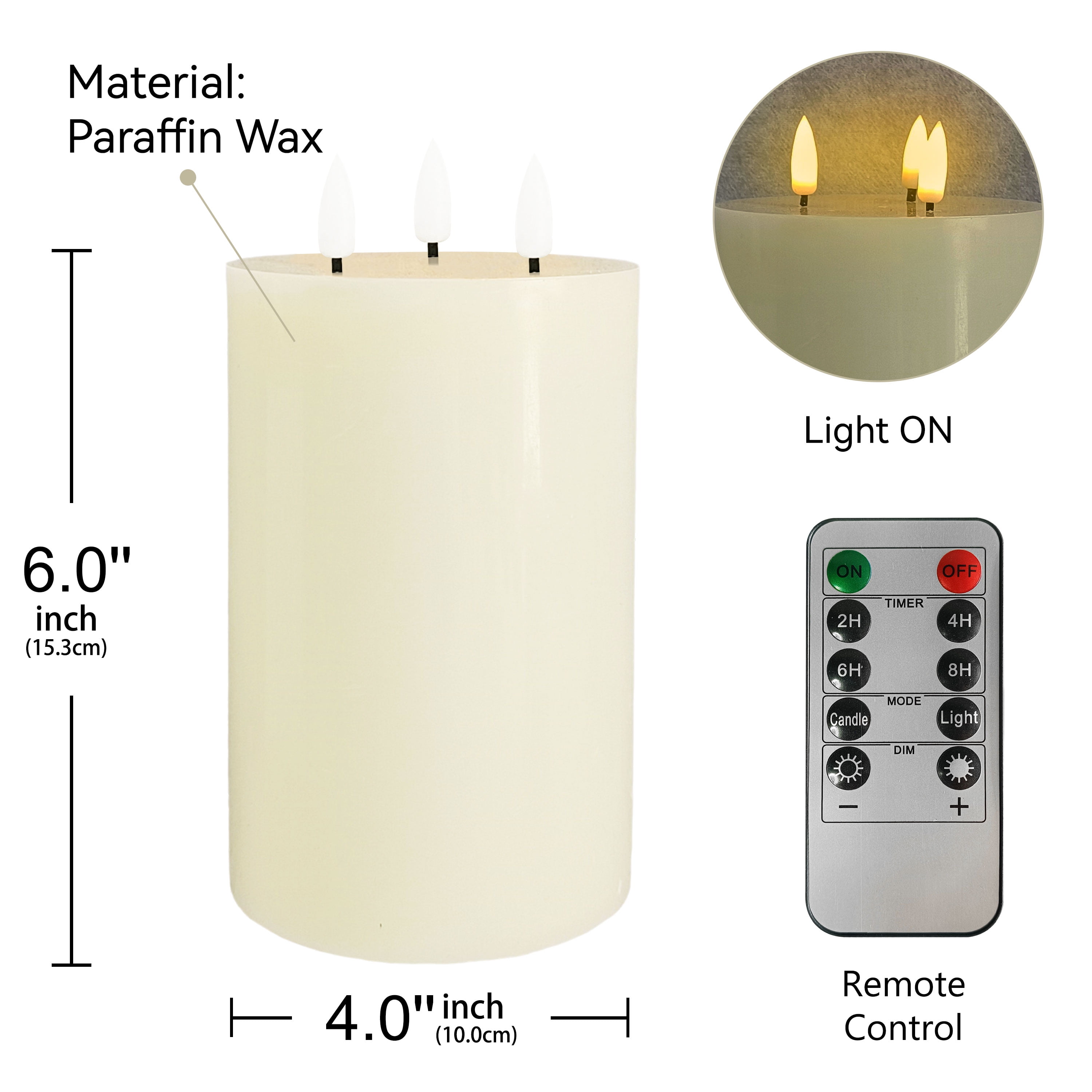 Flameless Candles with 3 Wicks, Battery Operated Candles with Remote Control and Timers, 6 inch Diameter LED Pillar Candles, Real Wax, Ivory