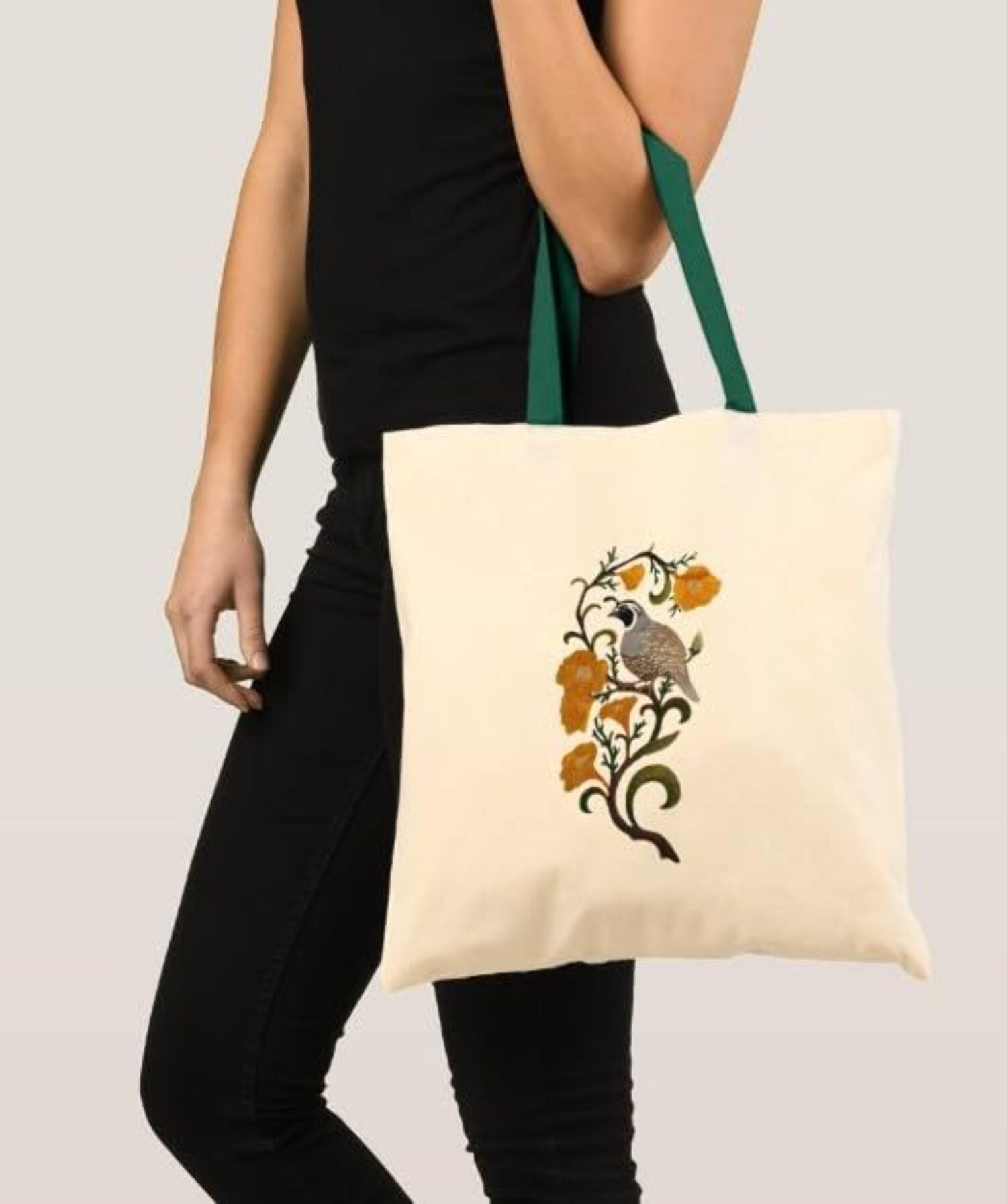 Custom California Quail and California Poppy Medley Bird Embroidery Iron On/Sew Patch - Beyond Vision (6.34" x 11.8")