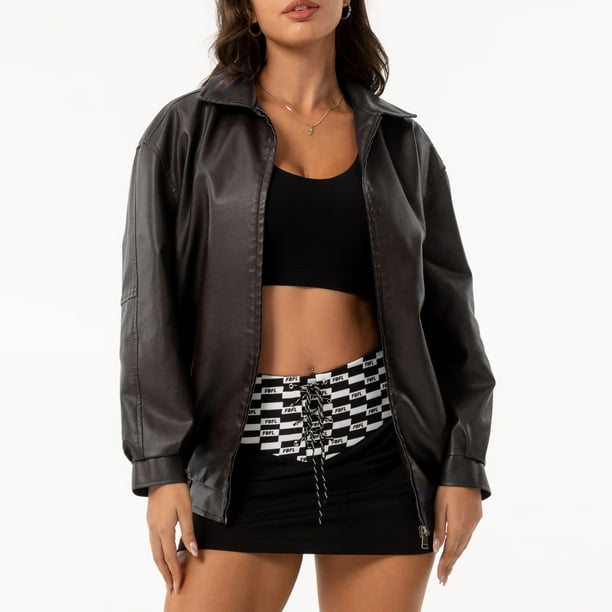 Chaquetas y abrigos de piel sintética de manga larga sin capucha para mujer, de moda, de color liso, con cuello vuelto, cremallera, capucha y sin bolsillo, chaqueta de piel para mujer, parte superior