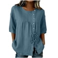 thumbnail image 2 of Mifsaly Vacation Tops for Women Button Down Short Sleeve Linen Shirts with Drawstring Hem Lightweight Flowy Loose Fit Textured Summer Boho Clothes Navy,L, 2 of 7