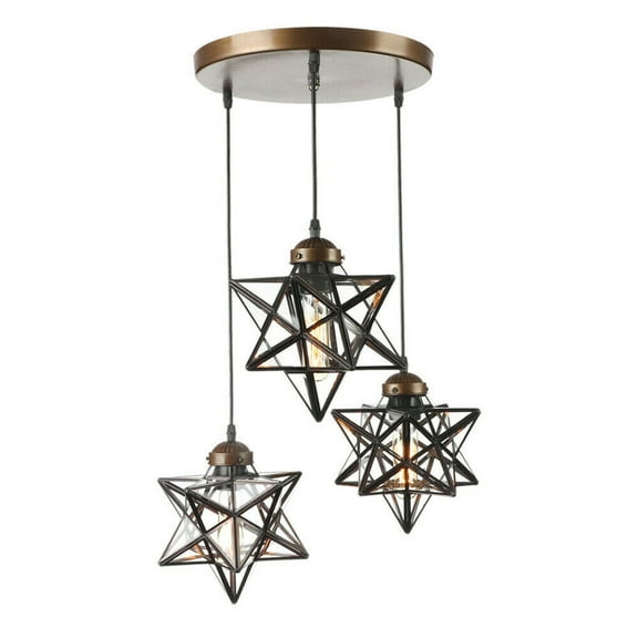 Antique Moravian 3-Light LED Chandelier Light Star Glass Pendant for Kitchen Brown