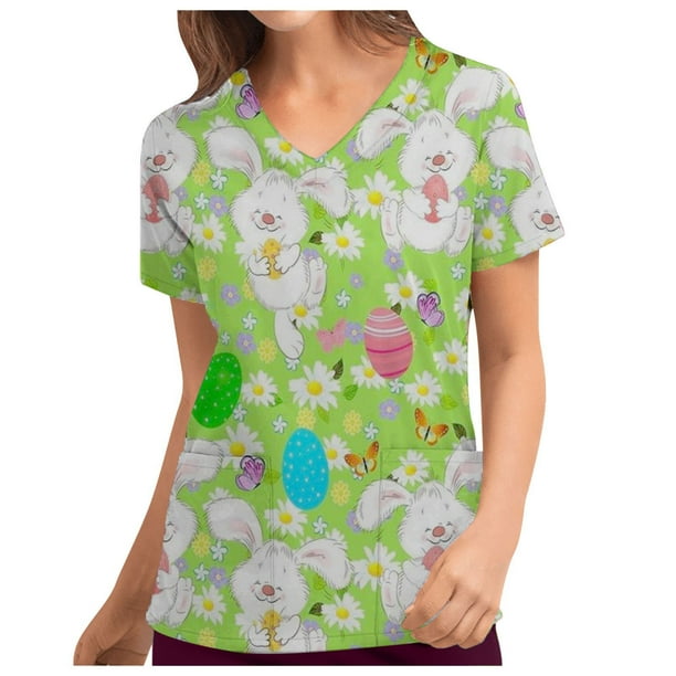 Ichuanyi Womens Swimsuits Clearance Blouse For Women Women Easter Day Uniform Working Clothing Print V Neck Short Sleeve Tops With Pocket Ichuanyi Ichuanyi