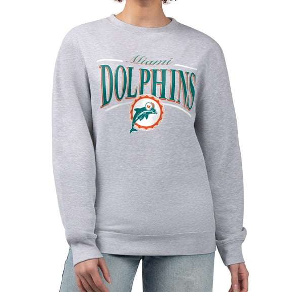 Women's Starter Gray Miami Dolphins Throwback Arch Stripe Fleece Pullover Sweatshirt