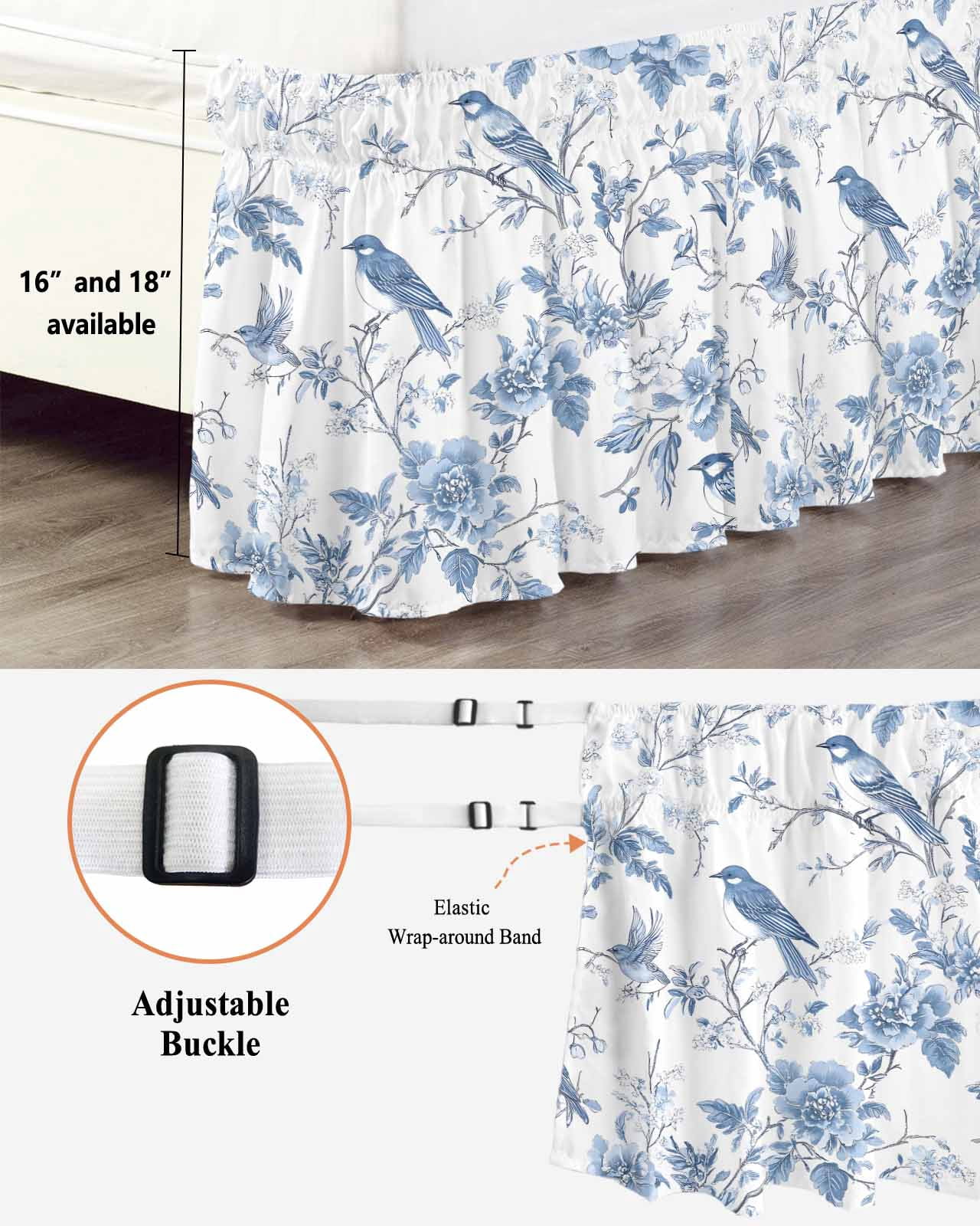 White Blue Spring Floral Wrap Around Bed Skirts for Queen Bed 16" Drop, Bed Skirt with Adjustable Elastic Belt Dust Ruffle Bed Valance for Bedroom Hotel Luxury Summer Birds Botanical Bed Frame Cover