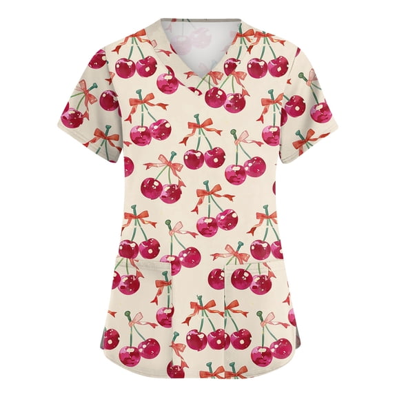 Valentine Day Nursing Scrubs Womens Love Heart Print Plus Size V Neck Scrubs Short Sleeve Cute Medical Uniforms with Pockets Beige 4XL