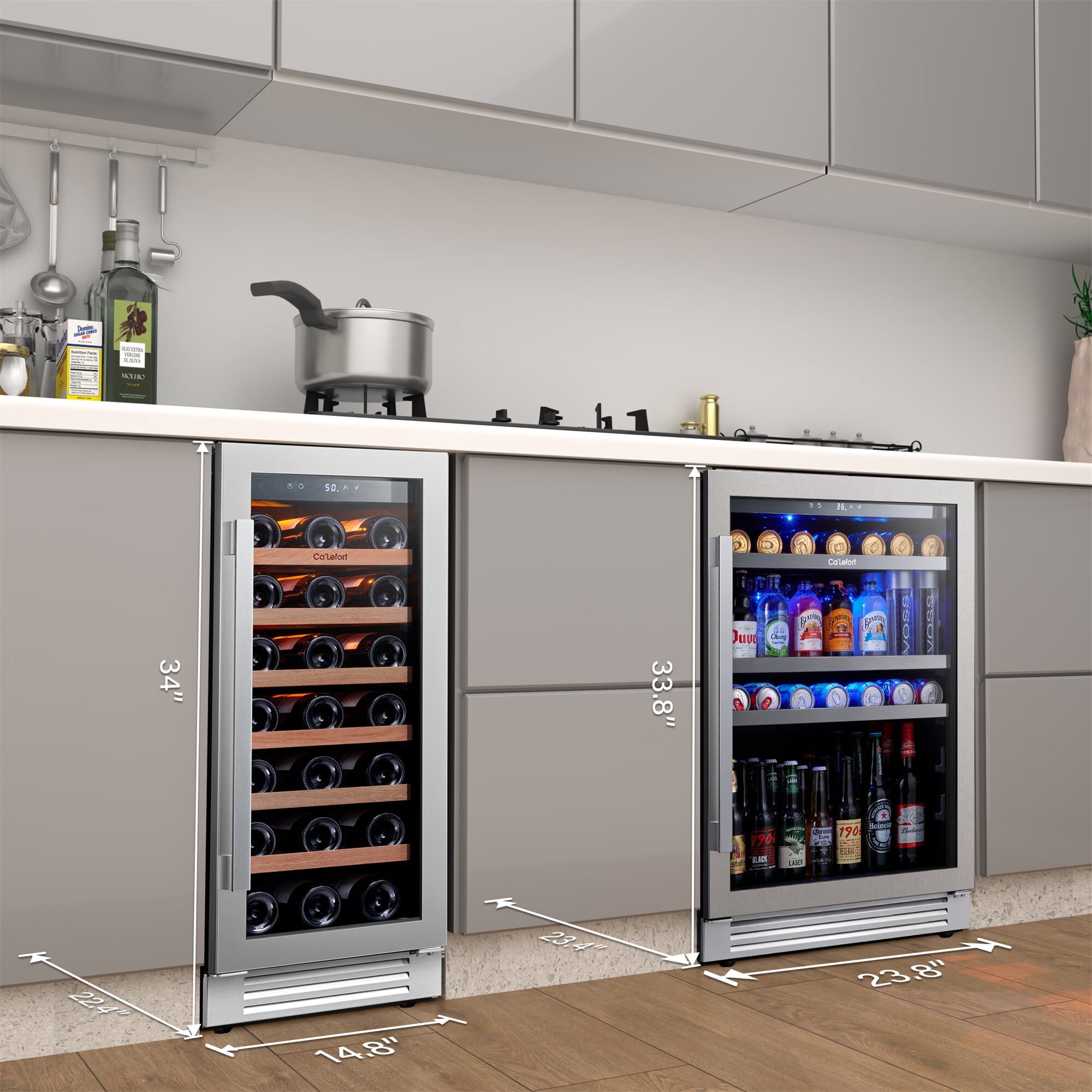 Ca'Lefort Wine Cooler Beverage Refrigerator, Hold 140 Cans and 33 Bottles Dual Zone Wine Fridge Freestanding & Built-in with Stainless Steel frame for Kitchen Office