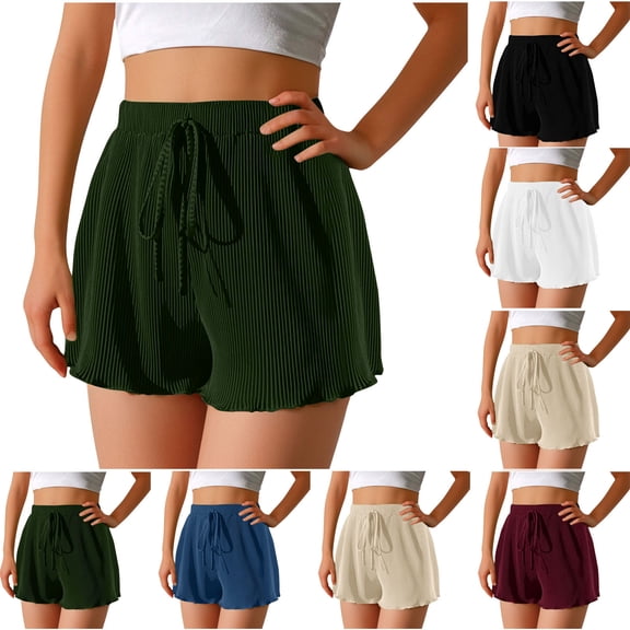 Xunlbb Shorts for Women Workout Shorts Women's Summer Solid Ribbed Casual Knitted Drawstring Elastic Waist Sports Shorts with Pockets S-2XL on Clearance