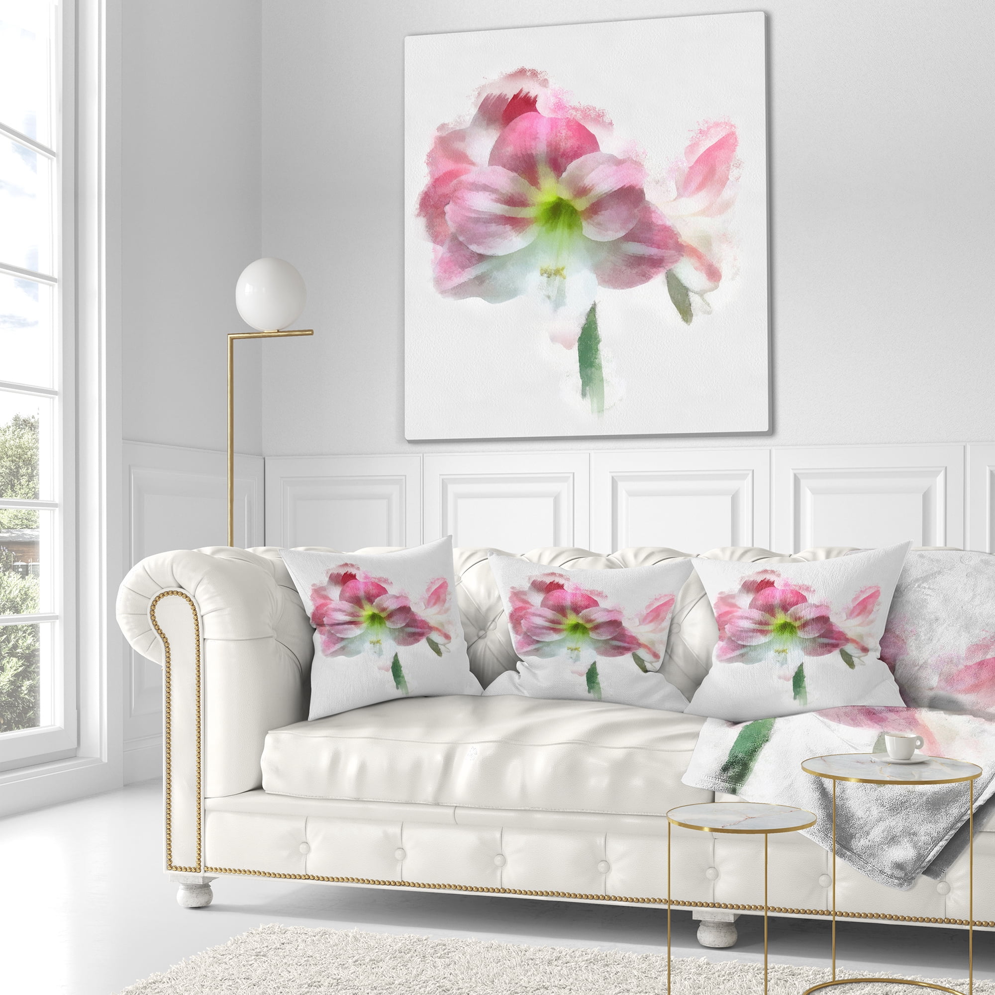 Designart Pink Lily Flowers on White Sketch - Floral Throw Pillow - 16x16
