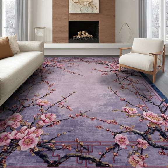 ODIKA Japanese Plum Cherry Symmetrical Asian Tufted Chinese Scroll Non-Slip Chair-Friendly for Dining Room, Large Office, Lounge
