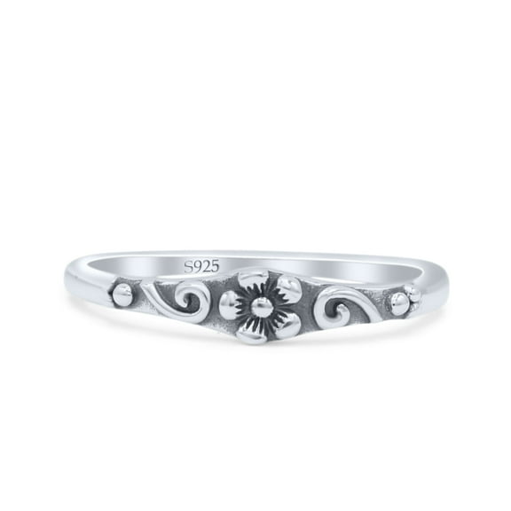 Delicate Elegant Bali Flower Engraved Oxidized Ring Band 925 Sterling Silver Size 4
