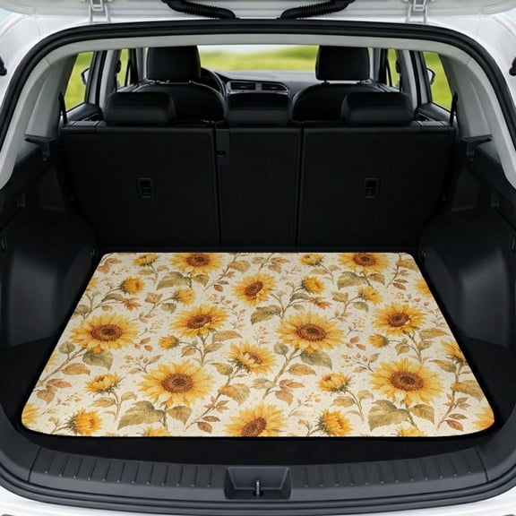 COEQINE Universal Car Trunk Mat All Weather Cargo Liner Floor Mat with Non-Slip Backing Scratch-proof Pet Cargo Mat Suitable for Most Car Models, Retro Sunflower Beige