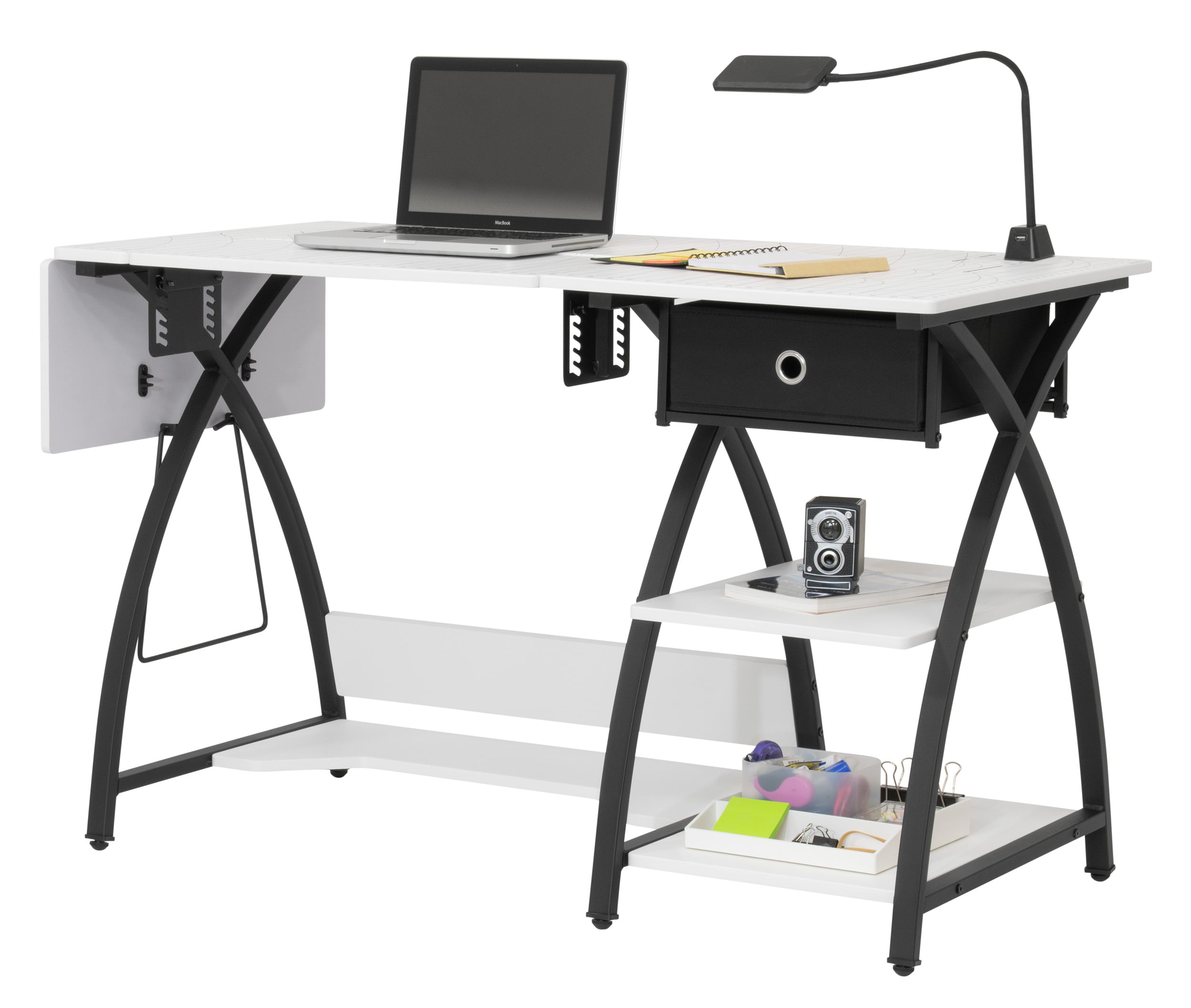 Comet Hobby/Office/Sewing Desk with Fold-Down Top, Height Adjustable  Platform, Storage and Grid Top for Cutting 