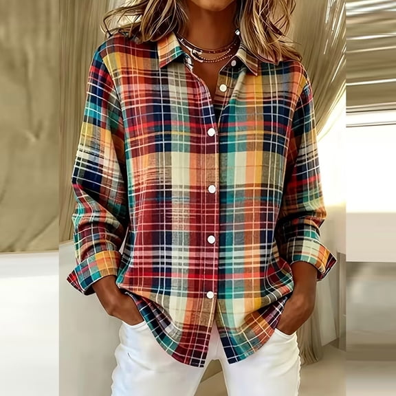 IUYRTFE Women Plaid Button Down Shirt Lapel Collar Long Sleeve Blouse for Casual Daily Wear