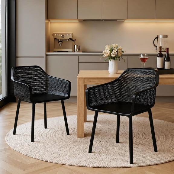 Topcobee Modern Plastic Dining Chairs Set of 2 Kitchen Armchairs with Mesh Backrest, Chairs for Dining Table, Kitchen Chairs-Black