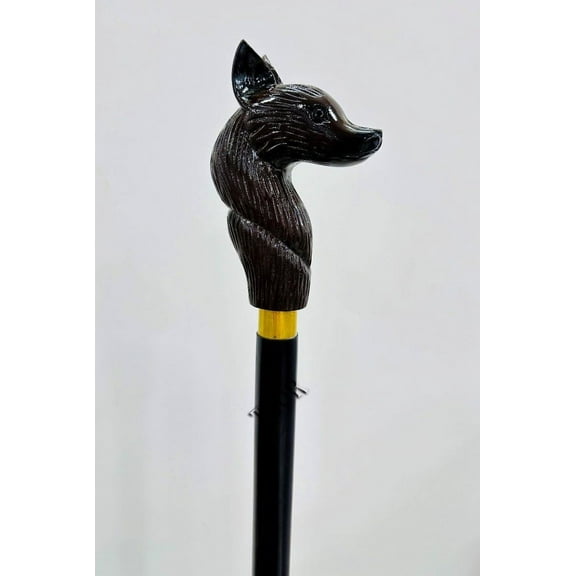 Vintage Style Beautiful Black Finish Walking Stick Collectible Wooden Cane with Brown Wood Fox Cane Head Shaped Handle Rustic Vintage Home Decor Gifts
