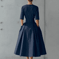 thumbnail image 4 of Robes Trapèze pour Femmes Manches 3/4 Col Ras du Cou Robes Plissées Été Robe Maxi Décontractée, S, 4 of 4