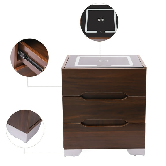 Modern Brown Wood Smart Led Light Nightstand Table Night Stand Bedside Table