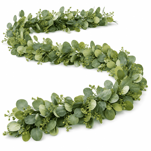 Kobiva Eucalyptus Garland for Mantel | Farmhouse Greenery Mantle Decor, 6ft Faux Seeded Garland for Fireplace, Table Runner, Wedding & Home Décor — Year-Round Artificial Greenery