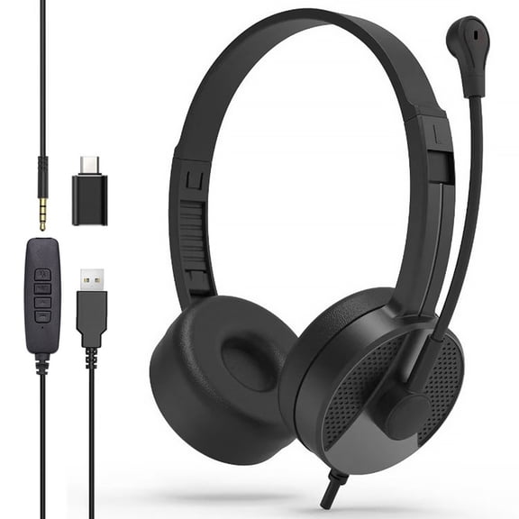 Vensio Black USB Headset with Microphone Noise Cancelling Call Center Headphones 3.5mm Jack for PC Laptop Gaming