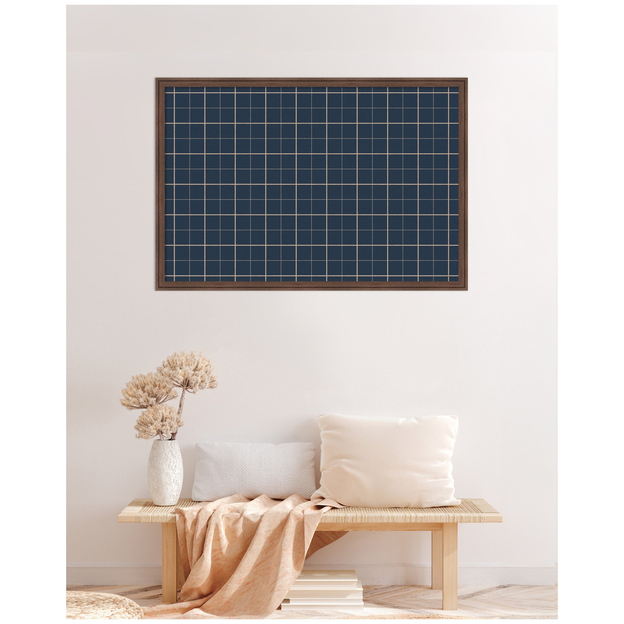 Kate and Laurel Framed Fabric Pinboard 38 x 26, Navy Blue Plaid Printed Linen Classic Bulletin Board for Use as a Vision Board or Wall Organization, Florence Medium Brown Frame