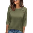 thumbnail image 4 of Craaazy Spring Tops for Women Casual 3/4 Sleeve Solid Color Crew Neck Button Accent Shirts for Everyday Wear, Weekend Errands, 4 of 7