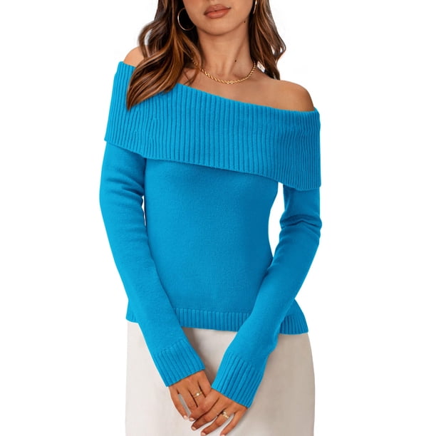 Suéter PRETTYGARDEN con Hombros Descubiertos y Mangas Largas Azul Mineral XXL