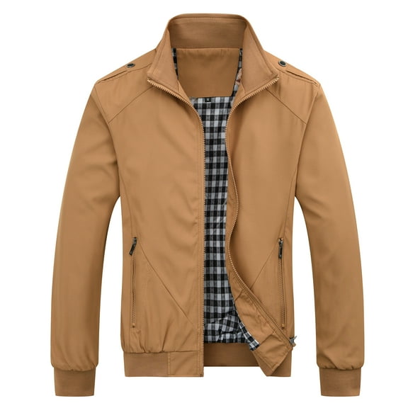 SWSMCLT Men's Windproof Jacket Slim Fit Casual Coat Light Full Zip with Pockets Plaid Lining Long Sleeve Rain Raincoat Windbreaker Lightweight Softshell Khaki X-Large