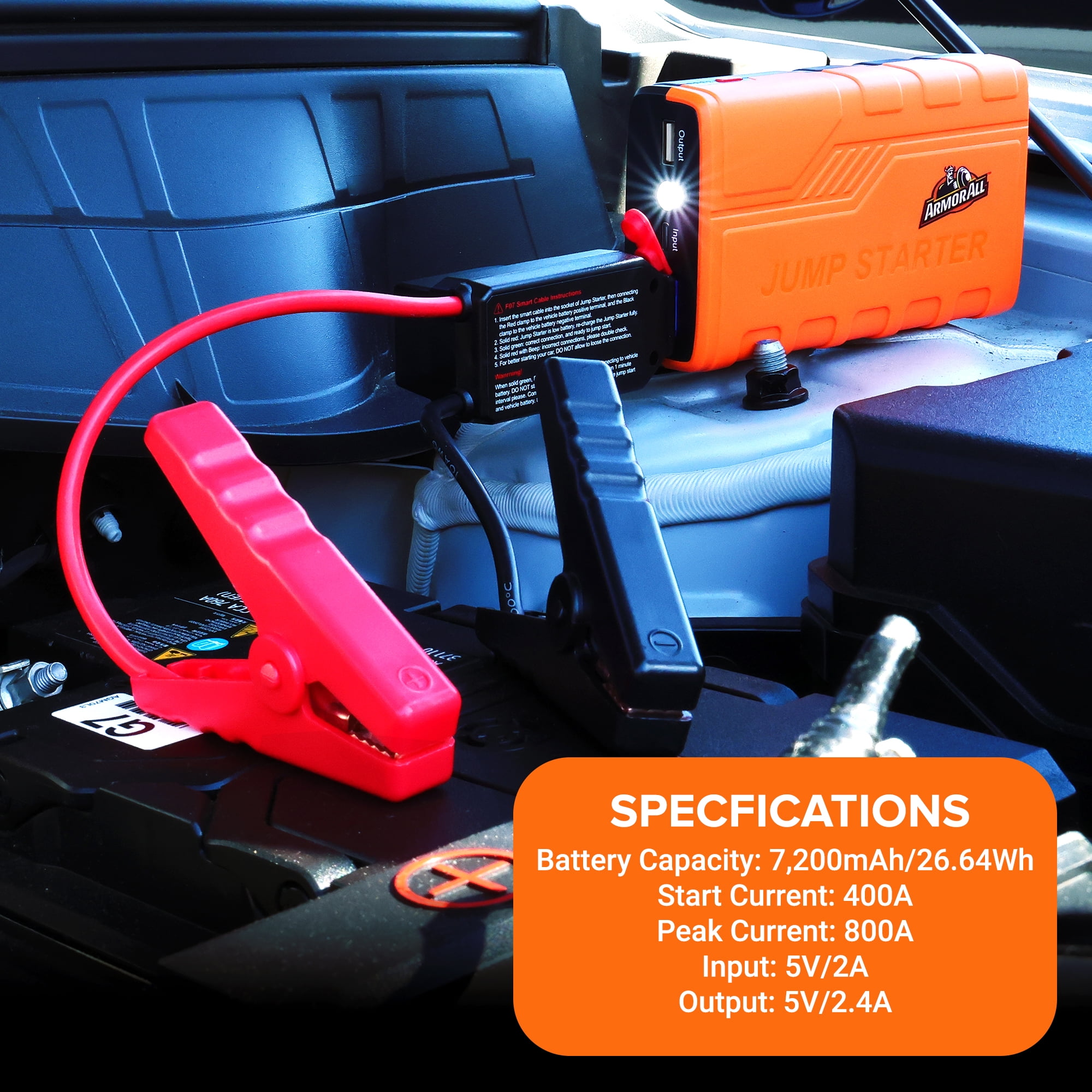 Armor All Emergency Jump Starter Power Bank Kit, 800A Peak Amps, Ultra-Bright LED Flashlight, USB Charger, Portable Car Battery Booster with Premium Carry Case