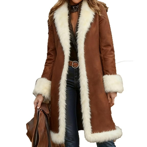 Ruimatai Women's Faux Shearling Coat Long Warm Winter Jacket with Fleece Lining, Brown Mid-Length Outerwear for Casual Style and Comfort