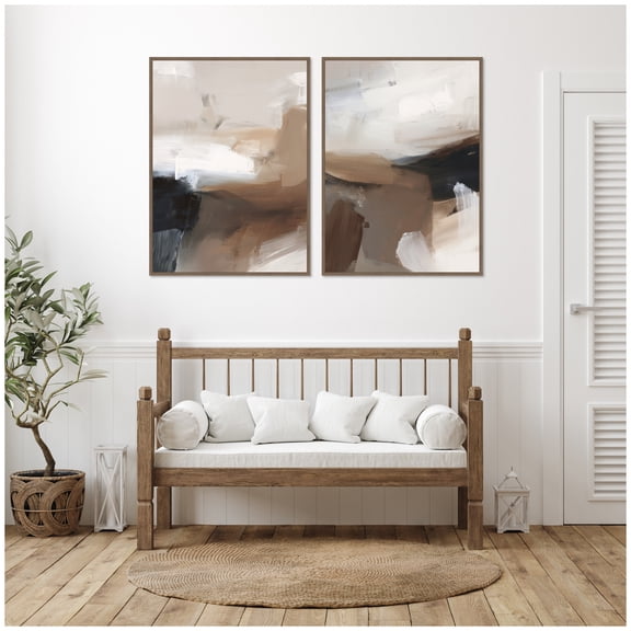Kate and Laurel Layered Ground No. 1 & No. 2 2 Piece Framed Canvas Wall Art Set by Amy Lighthall, Sylvie Walnut Modern Contemporary, Abstract Art for Wall Decor