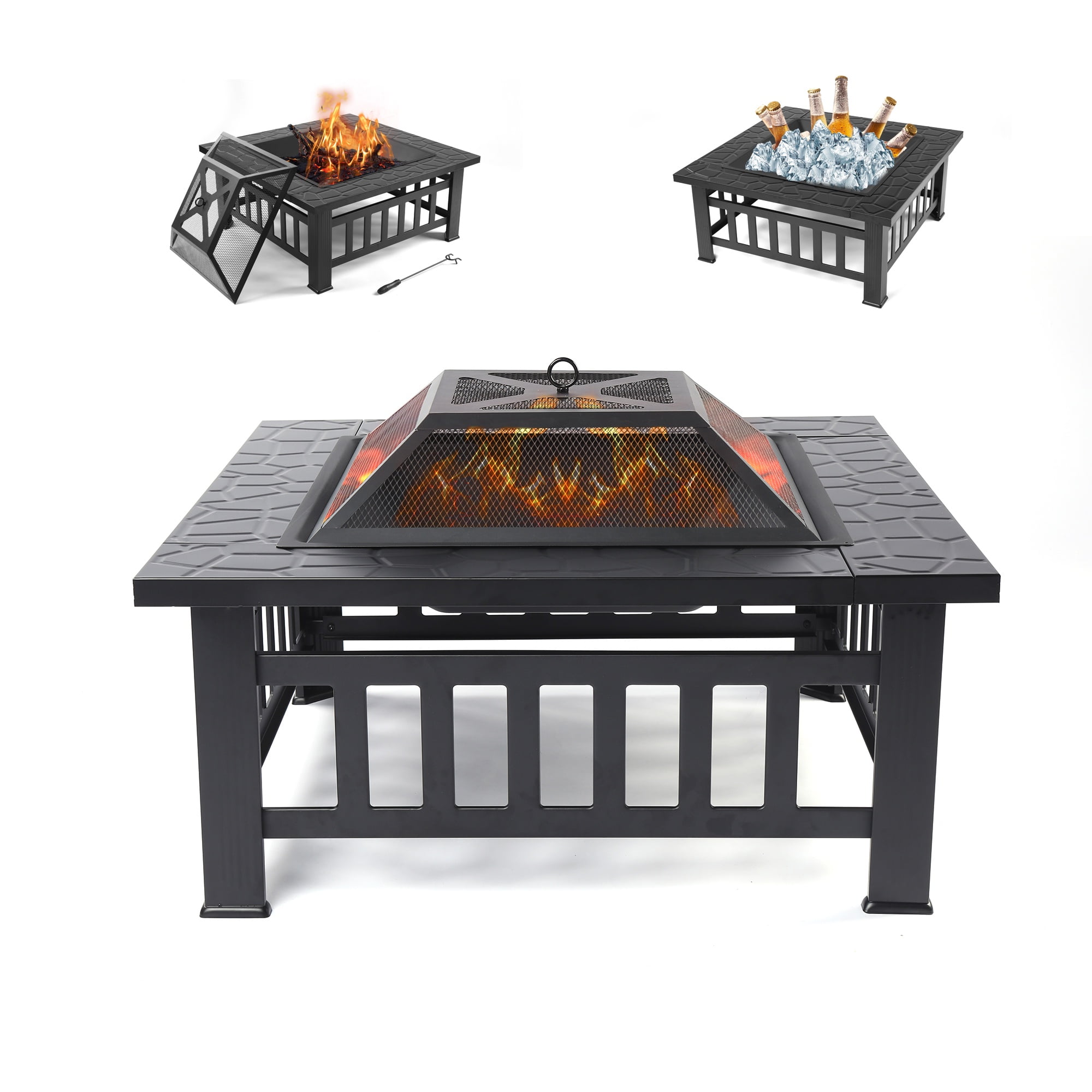 SEGMART Outdoor Fire Pit, 32" Square Metal Fire Pit Table with Spark Screen & Log Poker, Stove Wood Burning Fire Pit Bowl, Ideal for Yard Patio Beach Picnic Bonfire