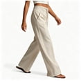 thumbnail image 6 of Women's Cotton Blend Straight Leg Pants with Pockets, Mid Elastic Waist, Soft Loose Fit, Casual Business Beach, Cropped Pants | VerBelle,Beige L, 6 of 7