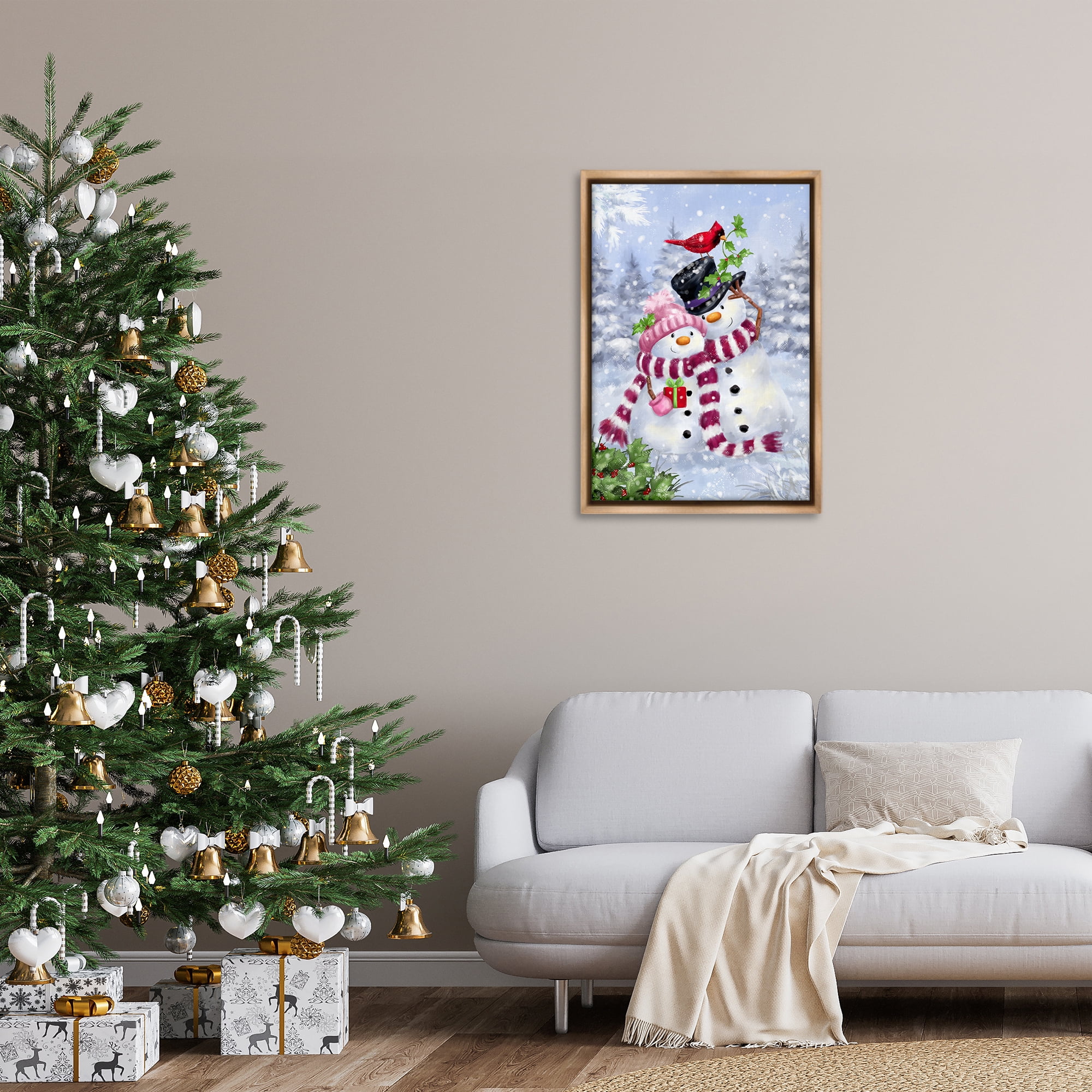 Stupell Industries Happy Snowman & Cardinal Holiday Painting Brown Floater Framed Canvas Art Prints Wall Art, 21 x 31