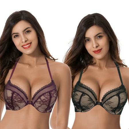 

Curve Muse Womens Plus Size Add 1 Cup Push Up Underwire Halter Front Close Bras-2PK-BLACK WINE-44DD