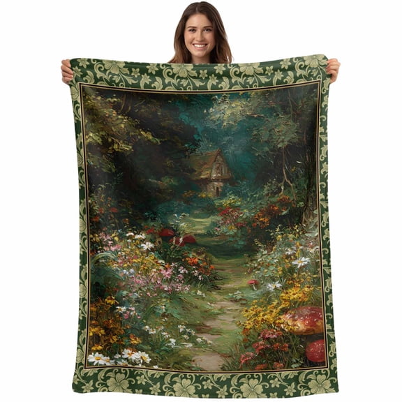 Forest Blanket Soft Cozy Warm Throw Blanket for Couch, Plush Fuzzy Flannel Fleece Blankets for Sofa, Spring Oil Painting Country Cabin Trees Flower Bed Blankets Lightweight Gifts for Women, 30"x40"