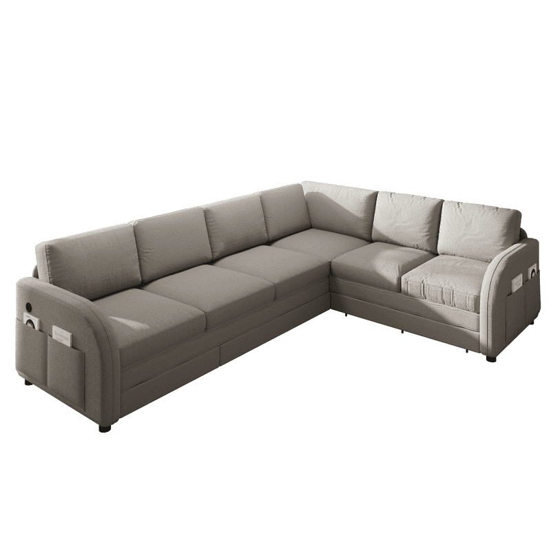 L-Shaped Sectional Sofa with Pull Out Bed, 115.2'' Convertible Sleeper Sofa with Reversible Chaise, USB Charging Ports & Side Pockets, Oversized 6-Seat Sofa Couch for Living Room