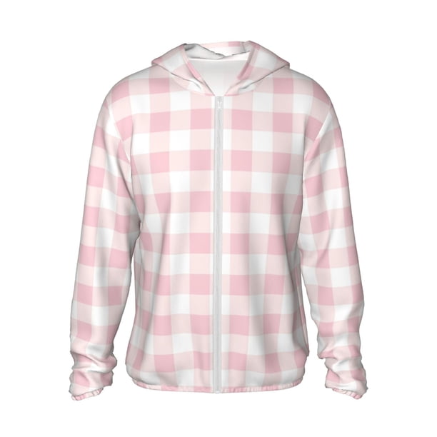 Balery Pink Checkboard Sudadera ligera de manga larga con capucha y protección solar UPF 50+ para hombre y mujer, ideal para pesca y running-Medium