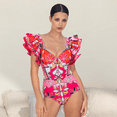 thumbnail image 2 of FLAXMAKER Women One Piece Deep V Neck Flower Print Padded Swimsuit Two Piece Swimwear Bathing Suits, 2 of 5