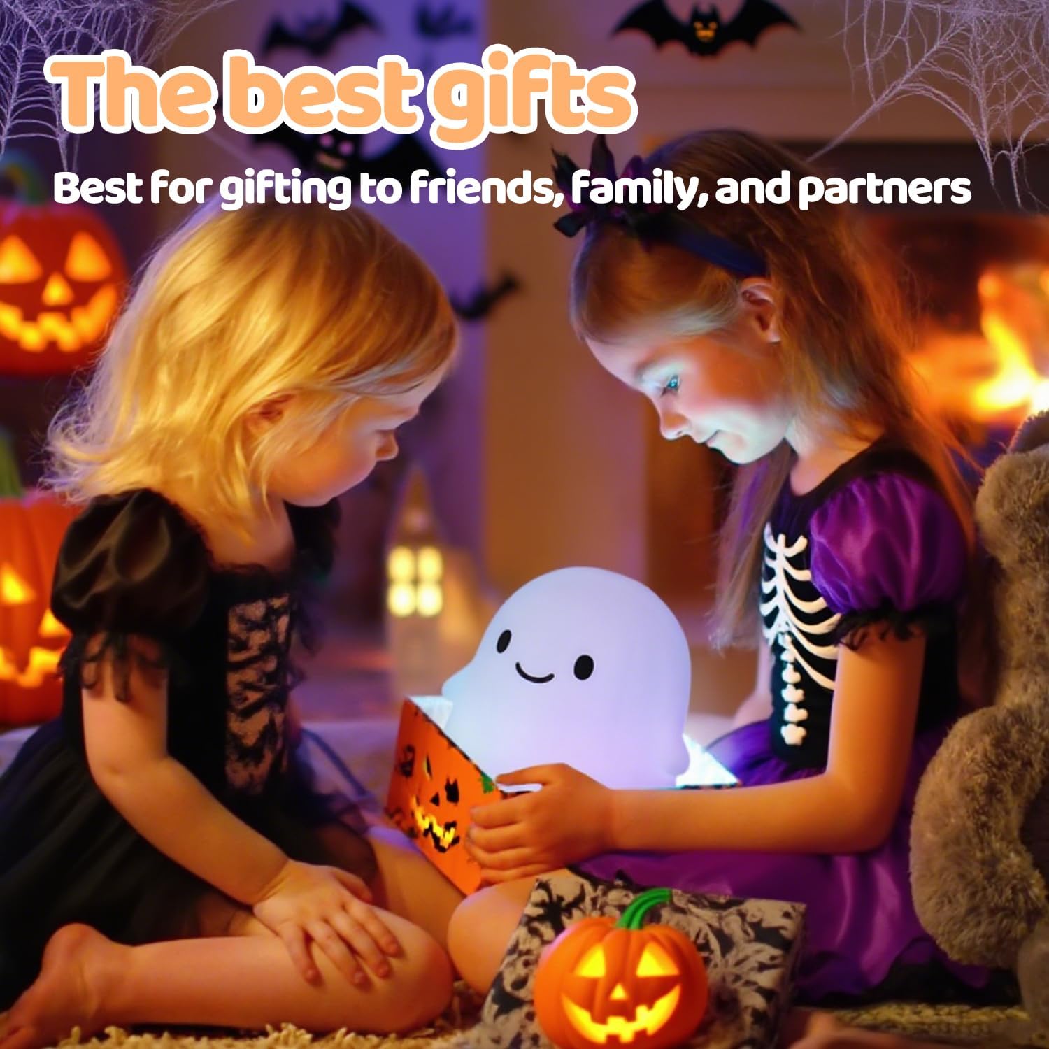Halloween Ghost Night Light, Color-Changing & 50-Hour Battery, Spooky-Cute Squishy Lamp for Kids, USB Rechargeable with Timer, Halloween Decor & Gifts