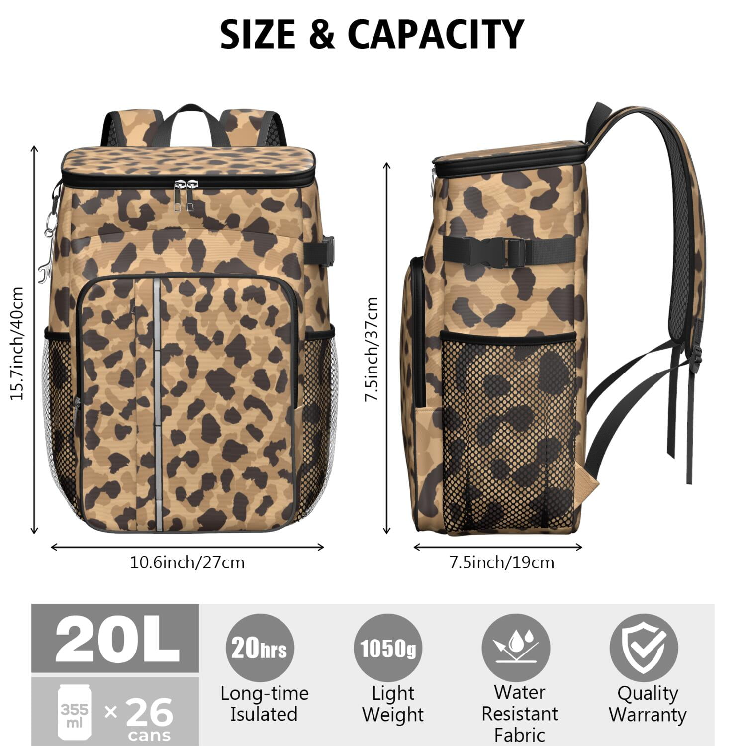 Travel Cooler Bag - Beige and Black Leopard Pattern Camping Beer Cooler Backpack with Bottle Opener- Waterproof Insulated Picnic Backpacks - Cooler Bag for Beach