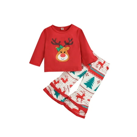 

Jkerther 2Pcs Baby Christmas Outfits Girls Printed Tops + Bell-Bottom Pants