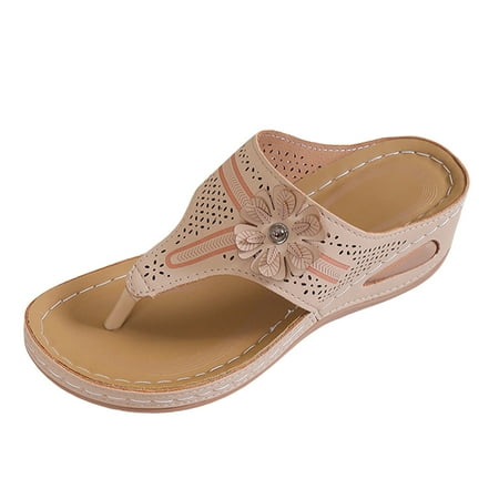 

Gzea Walking Sandals Women Shoes Wedge Thick Soled Sandals Fashionable Flip Toe Floral Bohemian Beach Sandals Summer Sandals Khaki 38