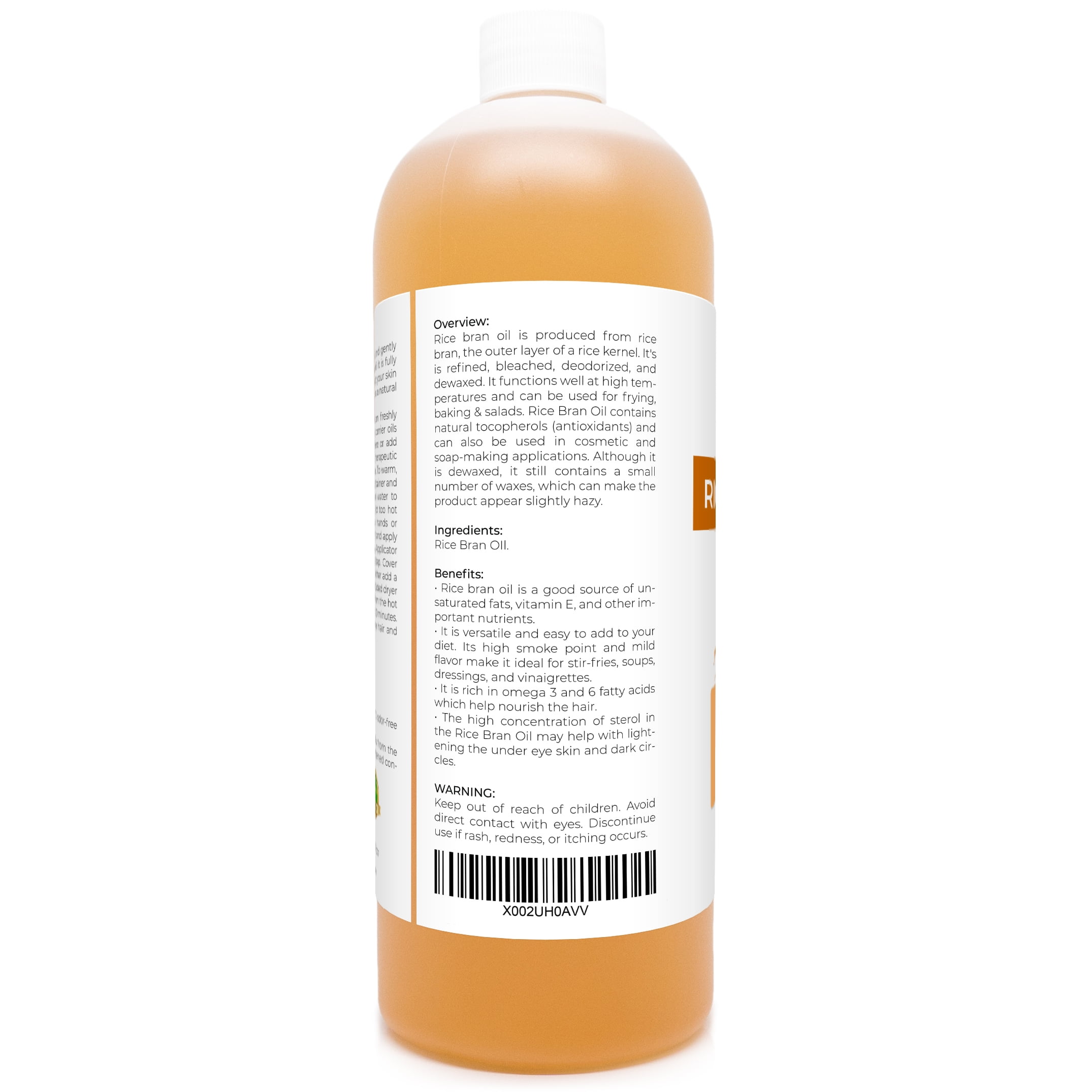Rice Bran Oil by Velona - 32 oz | 100% Pure and Natural Carrier Oil | Refined, Cold Pressed | Cooking, Face, Hair, Body & Skin Care | Use Today - Enjoy Results