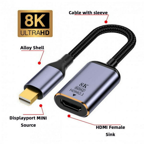 JSER Mini DisplayPort 1.4 Source to HDMI 2.0 Display 8K 60hz UHD 4K MINI-DP to HDMI Female Monitor Adapter Cable