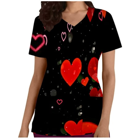 

CYMMPU Women s V-Neck Pocketed Scrub_Tops Nurse Workwear Uniform Clearance Going out Tops Summer Tees Short Sleeve Shirts Trendy Valentine s Day Tunic Love Heart Printing Fashion Tshirts Black XL