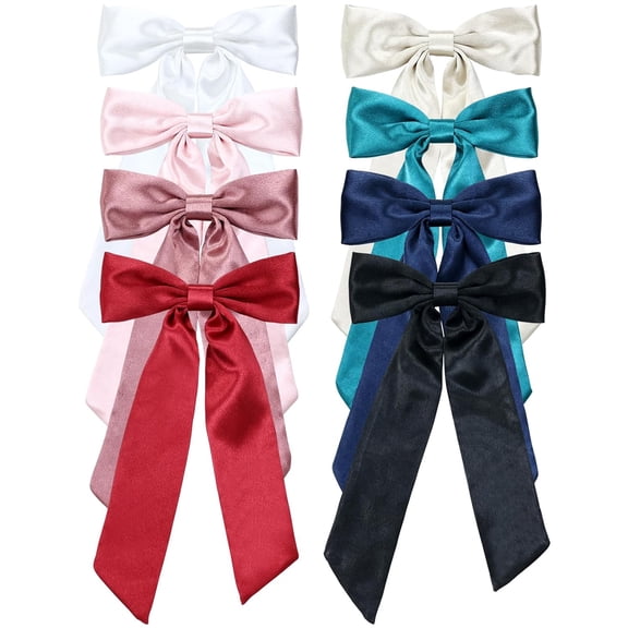 8 Pack Pink Green Blue White Red Thin Chiffon Long Ribbon Hair Bow Clips Ribbons Hair Bows with Long Tail French Barrettes Thick Hair Ponytail Holder Coquette Accessories for Women Girl Adults