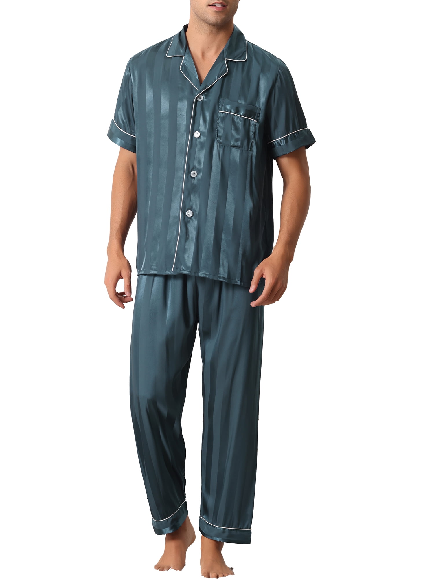 Unique Bargains Men Striped Satin Button Down Short Sleeve Long Pants Pajama Set L Blue