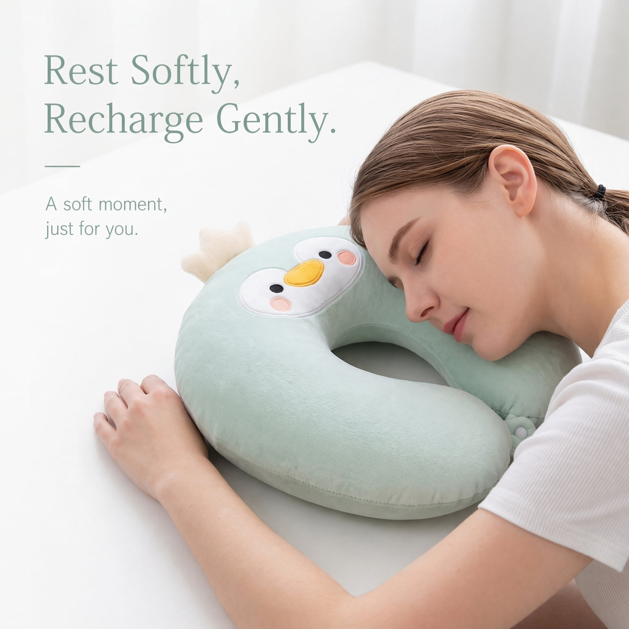 Unique Bargains Memory Foam Neck Pillow U Shape Snap Closure Head Rest Mint Green 12"x12"